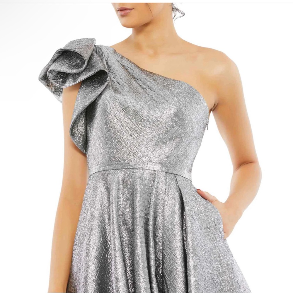 Mac Duggal Dress Silver 6 One Shoulder Bow Midi Gown Ruffle 67906 New - Picture 4 of 13